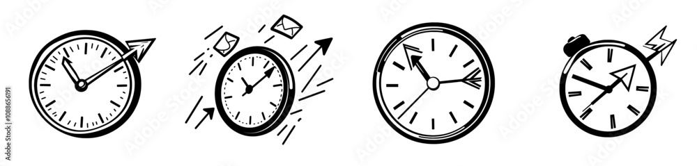 Modern illustration of an account history icon, a clock, and a time icon Modern illustration of an account history icon, a clock, and a time icon