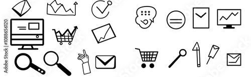 Set of technology icons. Included are icons such as Quote bubbles, favorites and website statistics signs. Recovery data, Hammer tools and marketplace symbols are also included. In addition, 24h