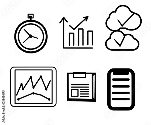 A set of science icons including articles, graphs, cloud computing, gluten free icons, project deadlines, world statistics, and timer web signs. The icons are made in modern format.