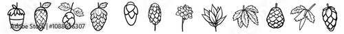 The hops symbol on a white background has an editable stroke with a thin line and flat style. Beer and brewing sign and symbol.