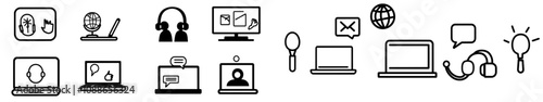 The set of icons contains assistance, help, operators, hotlines, call centers, technical support, staff, and global communication agents. This is a modern illustration created with Photoshop.