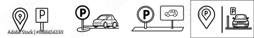 Symbols for GPS parking location for apps and websites. Parking sign and map pin.