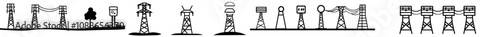 Power pole, electric pylon, and power pole thin line icon set. Modern illustration.