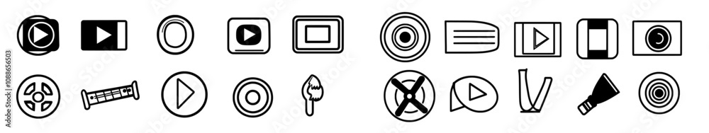 Obraz premium An icon set for video player. Contains play or start button, pause or stop button, media, camera, live, cinema, multimedia, film, handycam, clapperboard, movie, streaming or online video. Modern
