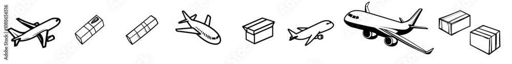 Set of thin line icons for air shipping, including plane, airplane, package, air balloon, aircraft, airplane, aircrafts, airline, express, delivery, and logistics. Modern illustration. Set of thin line icons for air shipping, including plane, airplane, package, air balloon, aircraft, airplane, aircrafts, airline, express, delivery, and logistics. Modern illustration.