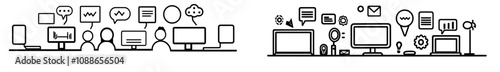Set of business meeting thin-line icons. Includes training, workshop, education, communication, discussion, coaching, online videos, presentations, learning, and conferences.