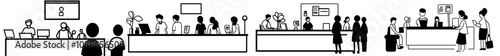 A reception desk icon set. It includes a receptionist, a hotel bell, our customer service counter, a registration desk, a reservation desk, a reservation clerk, a staff member, a guest, a client, an