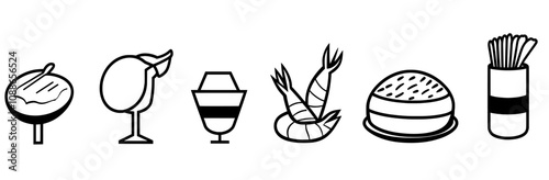 Set of catering thin line icons. Includes fork, spoon, knife, plate, cloche, tray, chef hat, beverage, food, dining table, and waiter. Cutlery or tableware in restaurant.