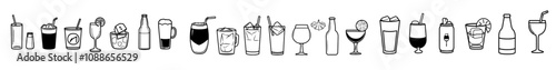Drink and beverage thin line icon set. Including a bottle, wine glass, coconut, mineral water, tea, coffee, beer, soda can, juice, cup, and cocktail.
