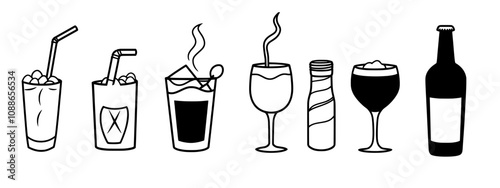 Drinks icon set containing bottle, wine glass, coconut, mineral water, tea, coffee, beer, soda can, juice, cup, cocktail. Modern illustration.