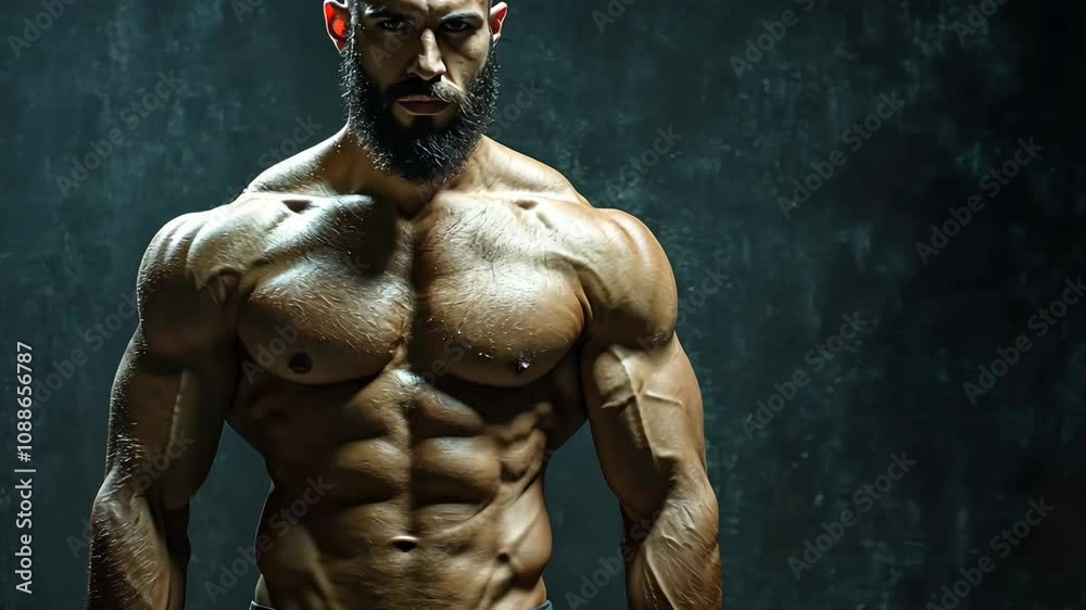 A powerfully built man with a beard stands confidently
