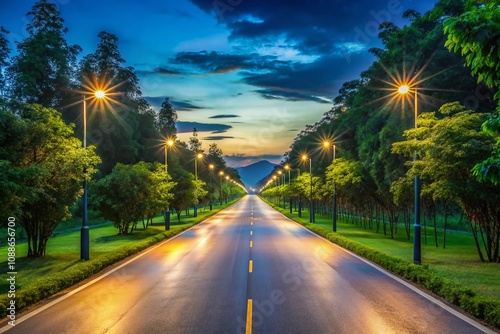 Straight Clean Road Surrounded by Nature at Dusk with a  Background Ideal for Graphic Design and Creative Projects