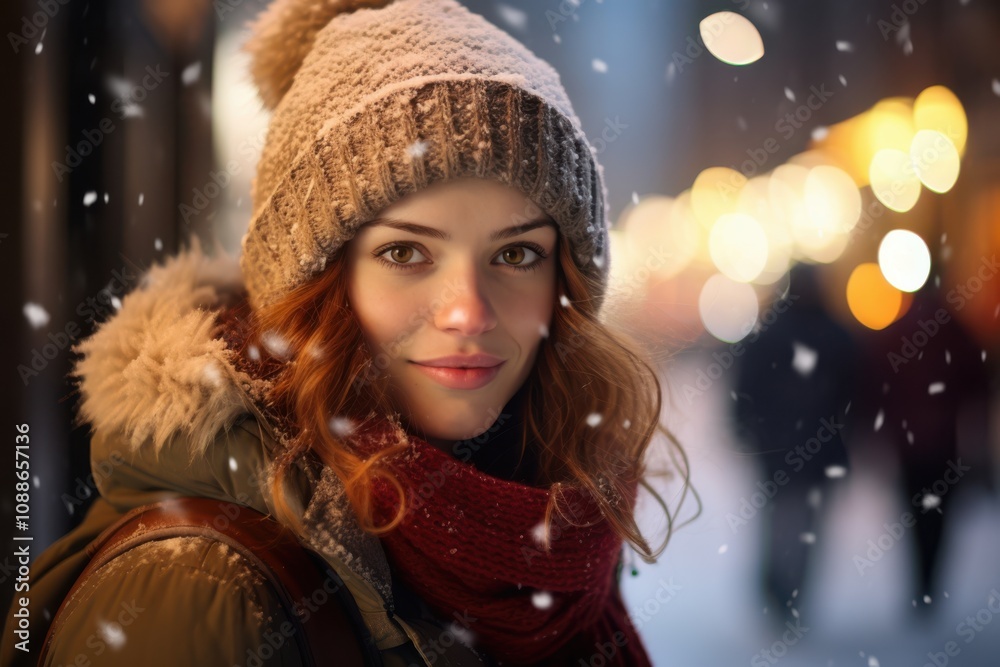 Young woman with red hair wears a knit hat and fur-lined jacket, smiling warmly on a snowy evening. Festive lights softly illuminate the background