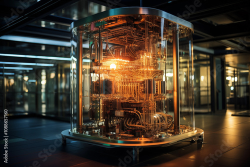 A cutting-edge quantum computer in transparent enclosure, showcasing intricate wiring and glowing components. High-tech setup is situated in modern lab with advanced technology and ambient lighting photo