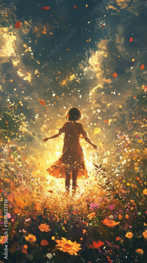 A whimsical scene of a girl standing in a vibrant flower field, surrounded by sparkling lights and a dreamy atmosphere. A whimsical scene of a girl standing in a vibrant flower field, surrounded by sparkling lights and a dreamy atmosphere.