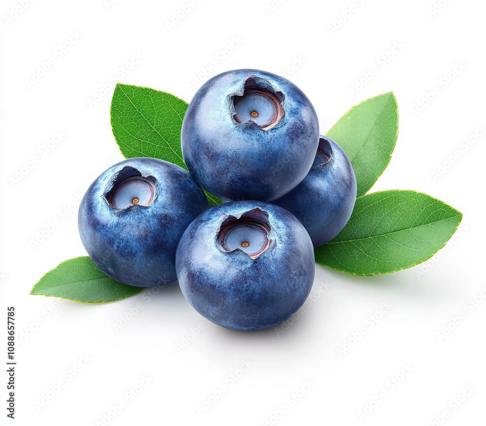 Obraz premium Fresh blueberries with green leaves, perfect for healthy snacks and desserts. Their vibrant color and juicy texture make them delightful addition to any dish