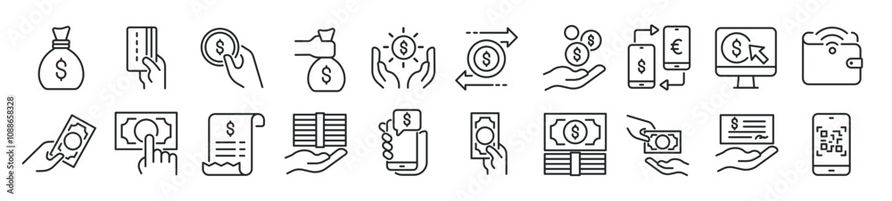 Set of line icons related payment, money, finance, price, cash. Editable stroke. 500x500px Perfect pixel on transparent background Set of line icons related payment, money, finance, price, cash. Editable stroke. 500x500px Perfect pixel on transparent background