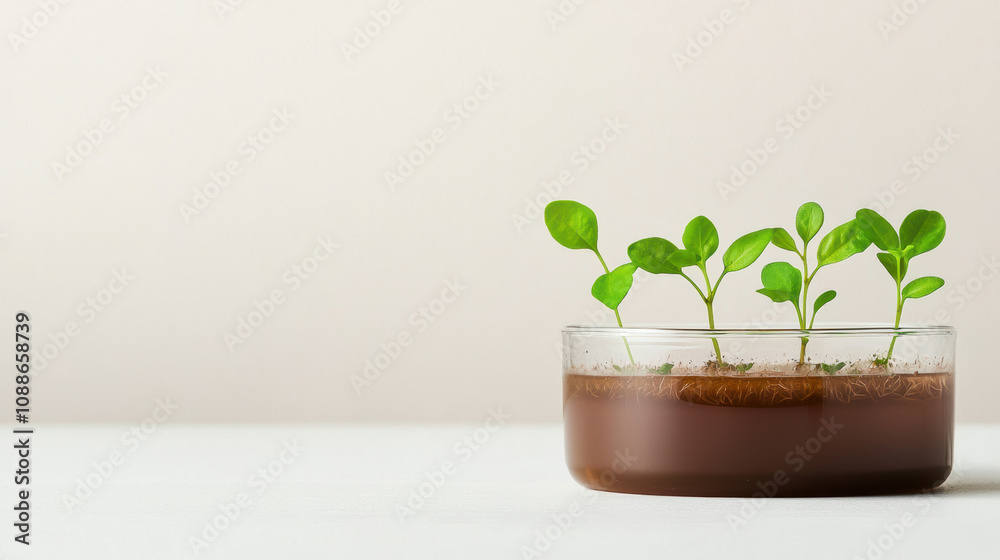 Tissue Culture Plant Science Concept. A small pot of healthy green seedlings growing in dark soil against a light background, symbolizing growth and new beginnings. Tissue Culture Plant Science Concept. A small pot of healthy green seedlings growing in dark soil against a light background, symbolizing growth and new beginnings.