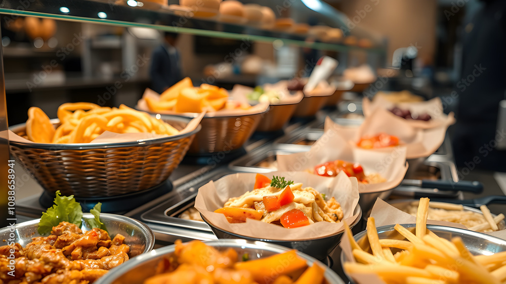 A variety of delicious food items are displayed in a cafeteria, ready to be served. A variety of delicious food items are displayed in a cafeteria, ready to be served.