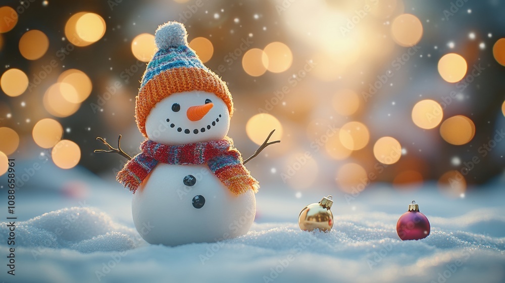 Obraz premium A cheerful snowman in a knitted hat smiles in the snowy landscape, surrounded by holiday ornaments.