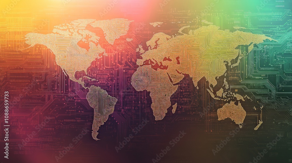 Obraz premium Digital World Map with Circuit Board Design, showcasing global connectivity through vibrant glowing effects, detailed continents, and a high-tech background for business themes