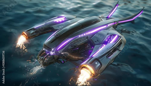 Futuristic, high-tech vehicle skimming across water, glowing purple lights, and powerful thrusters, evoking innovation, speed, and transportation