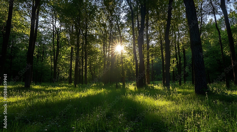 Obraz premium Sunset in the forest. Sunbeams through trees. Nature landscape.