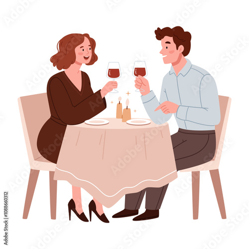 A couple in love drinks wine in a candlelit restaurant.Happy man and woman sitting at table and communicate in cafe