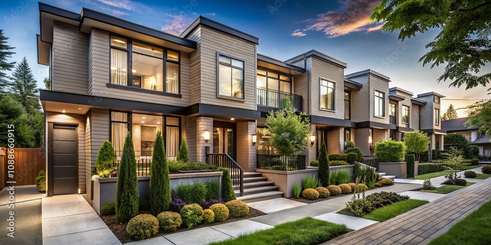 Fototapeta premium Stylish Townhouse Project Showcasing Sleek Architecture, Neutral Color Palette, and Impeccable Exterior Finishes with Lush Landscaping in a Modern Urban Setting