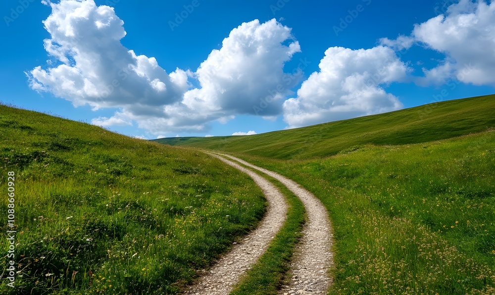 A curved dirt road winds through lush green hills beneath a bright blue sky decorated with puffy clouds. Generative AI A curved dirt road winds through lush green hills beneath a bright blue sky decorated with puffy clouds. Generative AI