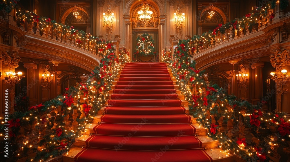 Obraz premium Festive staircase decorated with lights and garlands in an elegant interior
