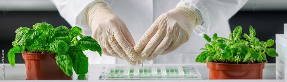 Tissue Culture Plant Science Concept. A person in gloves examines plants on a lab table, showcasing a blend of science and botany with vibrant green herbs in pots. Tissue Culture Plant Science Concept. A person in gloves examines plants on a lab table, showcasing a blend of science and botany with vibrant green herbs in pots.