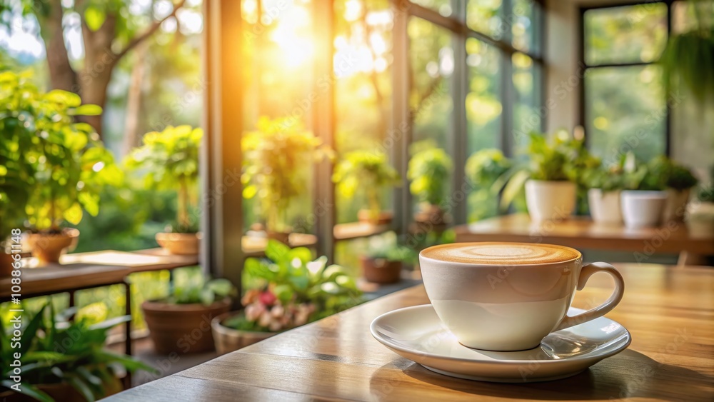 Sunlit Soy Cappuccino in a Minimalist Cafe with Lush Greenery and Bokeh Effect, Highlighting Ethical and Fair Trade Coffee Culture in a Modern Setting Sunlit Soy Cappuccino in a Minimalist Cafe with Lush Greenery and Bokeh Effect, Highlighting Ethical and Fair Trade Coffee Culture in a Modern Setting