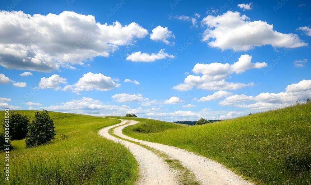 A curved dirt road winds through lush green hills beneath a bright blue sky decorated with puffy clouds. Generative AI A curved dirt road winds through lush green hills beneath a bright blue sky decorated with puffy clouds. Generative AI