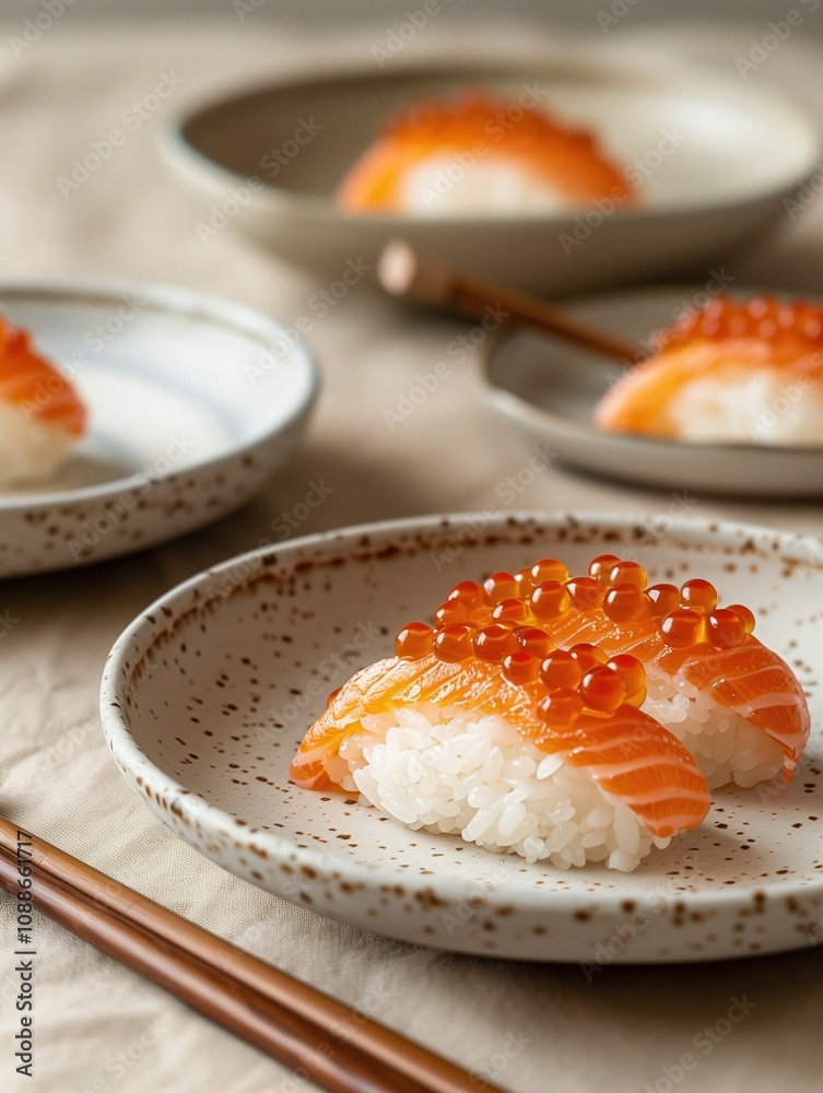 Nigiri Ikura Sushi Salmon Roe Rice, Close up Ceramic Plate, Beige Background Nigiri Ikura Sushi Salmon Roe Rice, Close up Ceramic Plate, Beige Background