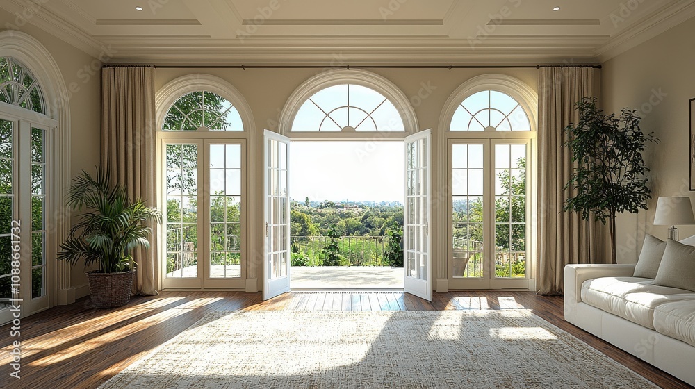 Elegant living room with open doors revealing a stunning outdoor view during daytime Elegant living room with open doors revealing a stunning outdoor view during daytime
