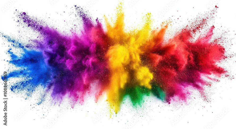 Vibrant explosion of colored powder in blue, purple, yellow, red, and green, creating dynamic and energetic visual effect Vibrant explosion of colored powder in blue, purple, yellow, red, and green, creating dynamic and energetic visual effect