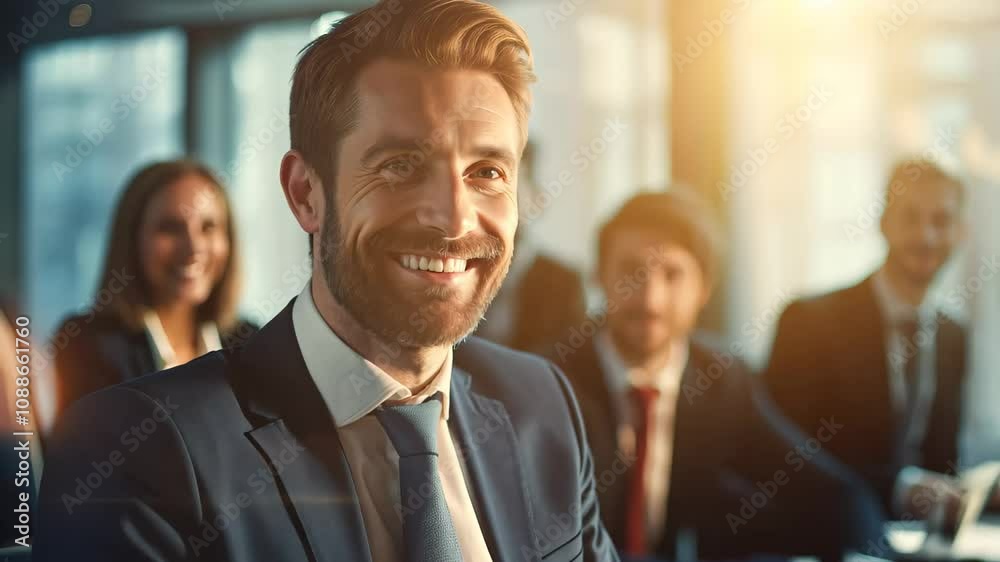 Confident Business Leader Smiling in Boardroom Meeting at Sunset Sunrise with Team in Background with Light Flare – Corporate Success and Leadership Concept Confident Business Leader Smiling in Boardroom Meeting at Sunset Sunrise with Team in Background with Light Flare – Corporate Success and Leadership Concept
