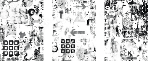 Set of glitch distorted grunge overlay textures. Collection of overlaying textures with halftone dots, scratches and lines .Screen print vector layers pack. Overlays with grunge textured surface