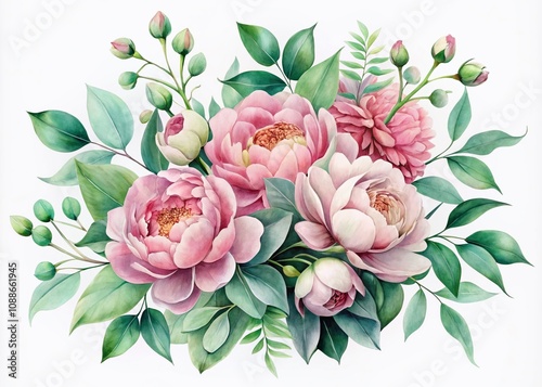 Surreal Floral Composition Featuring Eucalyptus and Pink Peony Flowers in Watercolor Style on a Background for Artistic and Elegant Designs