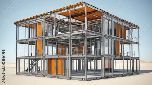 Modern steel-framed building with glass and orange accents.
