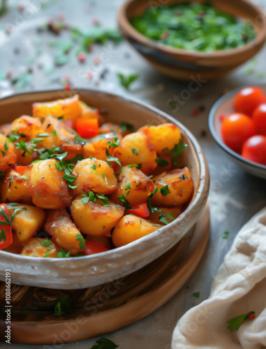 Rustic setting of Patatas Bravas with fresh herbs and seasoning