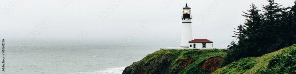 Fototapeta premium Foggy lighthouse adventure coastal cliffs photography mysterious atmosphere scenic view