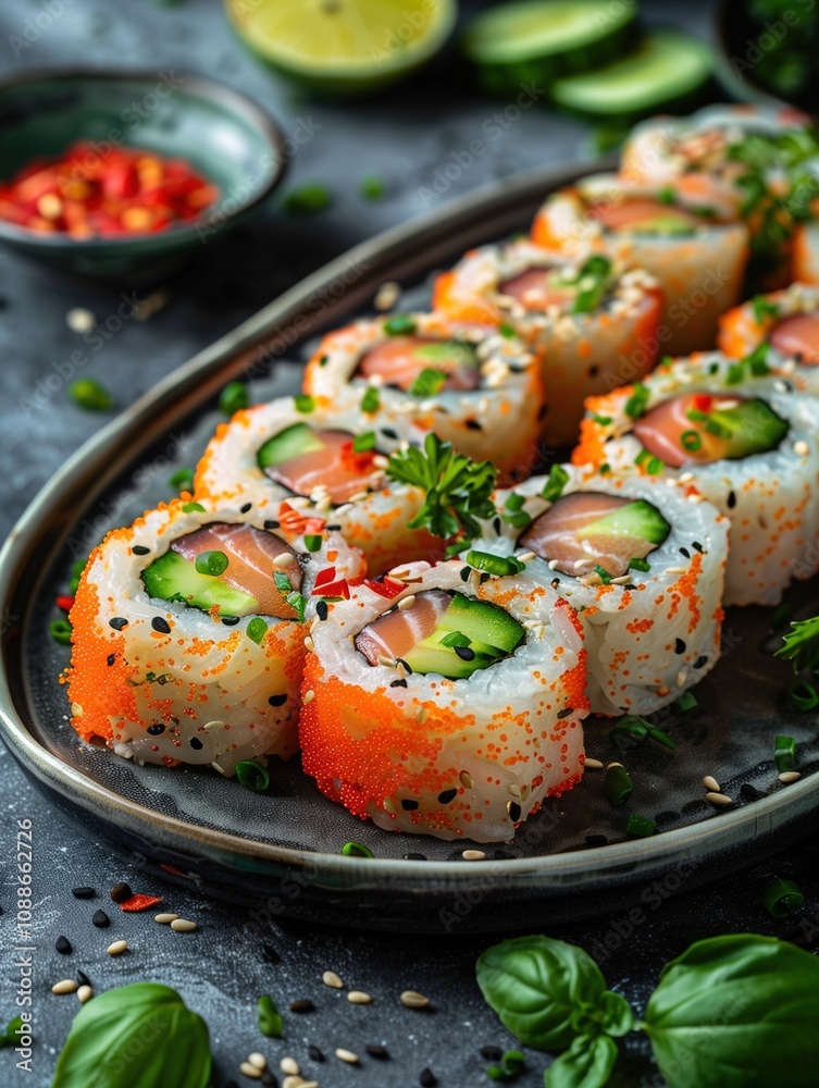 Sushi plate with Dynamite Roll, spicy tuna, cucumber, avocado, and jalapenos on a rustic background