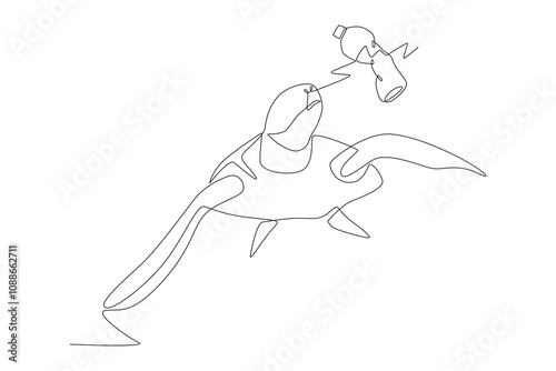 Turtle swimming with plastic waste. Plastic pollution concept one-line drawing