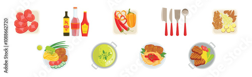 Tasty Food and Meal Different Served Vector Set