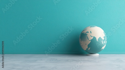 Teal Globe on Light Grey Floor Against Turquoise Wall Global Concept