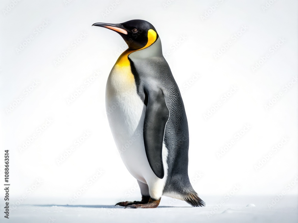 Fototapeta premium A breathtaking panoramic photograph of a solitary penguin on a white background, showcasing the majesty of this remarkable bird in stunning detail and clarity.