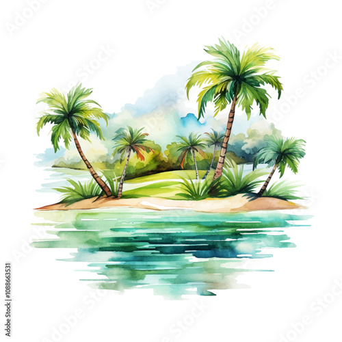 watercolor island river and palm vignette, suluboya ada nehir ve palmiye vinyet