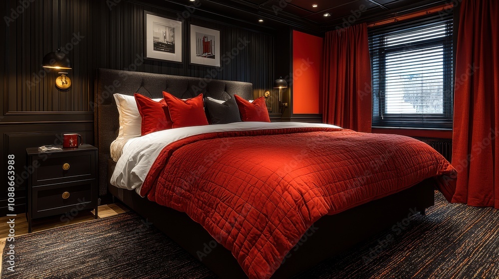 Luxury bedroom with modern design featuring red accents, elegant decor, and warm lighting in a stylish interior space